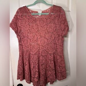 Trendy JS mauve lace peplum top 2x plus size